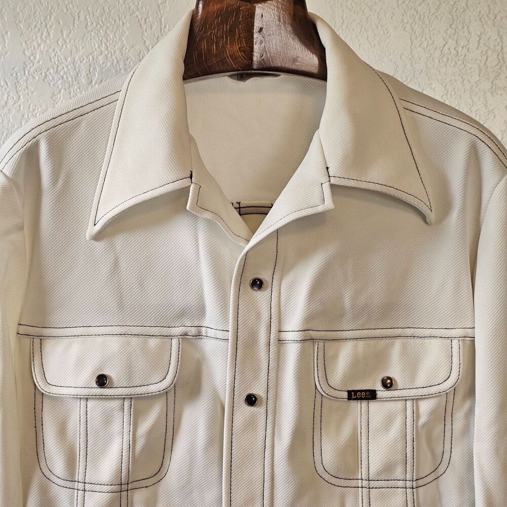 Vintage 70s Lee White Western Shirt Jacket Pearl Snap Elvis Dagger Collar Large